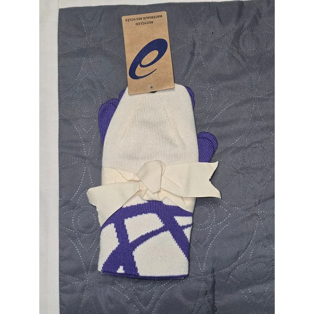 NWT ASICS Beanie and Gloves Set Women One Size Purple White Knit‎ reversible